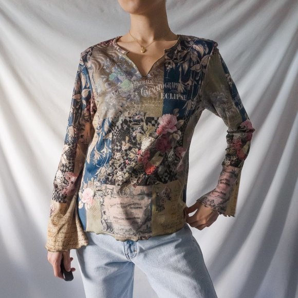 y2k boho fairy patchwork faux suede flare sleeve blouse top by one world - Picture 4 of 9